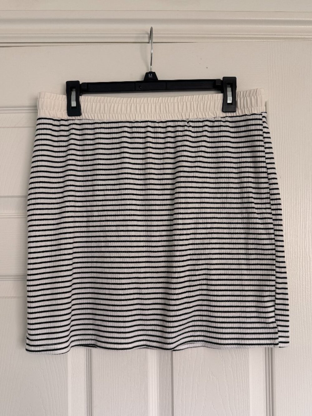 Black White Striped Ribbed Knit Pull On Mini Skirt Drawstring Waist XL NWOT